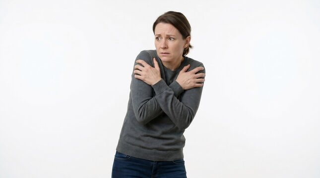 Middle aged woman looking anxious and shivering isolated on white background