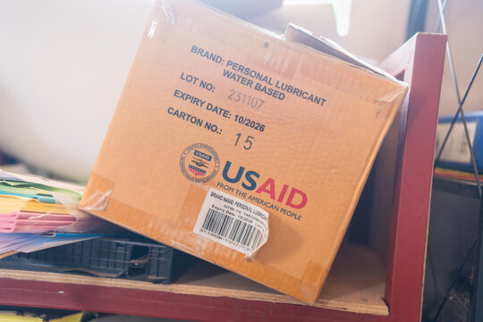 Kafountine, Senegal - 19 may 2026: a box of USAIS aid from the USA american governement is seen in an office in rural africa, concept of international aid cuts
