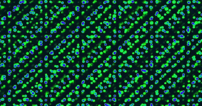 Abstract background of glowing purple and yellow light dots arranged in a repeating grid pattern, digital light particles moving in a technological data structure.