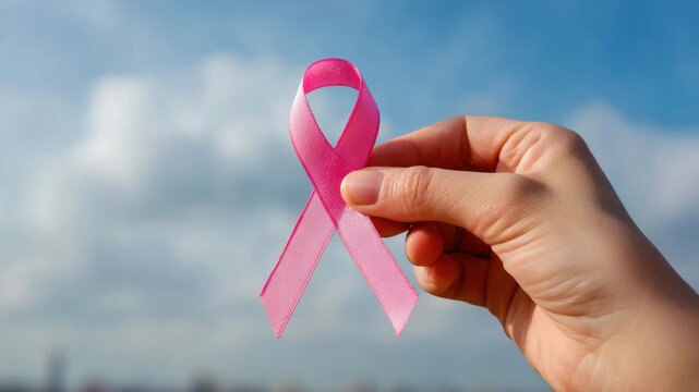 female hand hold pink ribbon breast cancer health care concept animation