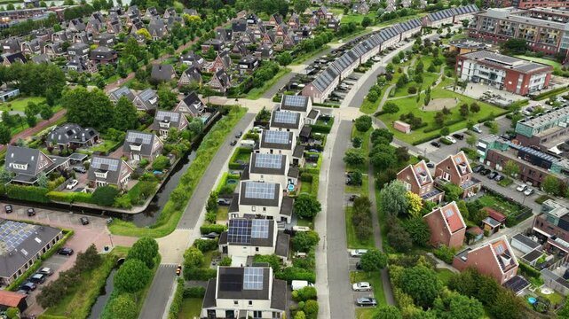 Modern residential neighborhood with solar panels in Europe