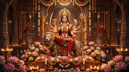 Fototapeta premium Goddess Durga idol in golden temple setting with flowers.