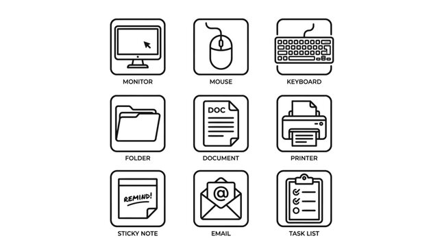 Clean outline icons for office productivity including monitor mouse keyboard folder document printer sticky note email and task list.