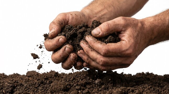 Hands holding fertile dark soil over ground on white background