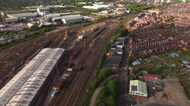 Newcastle upon Tyne UK: 25th May 2026: Drone footage captures Heaton Train Depot activity on a sunny morning with trains and tracks in view