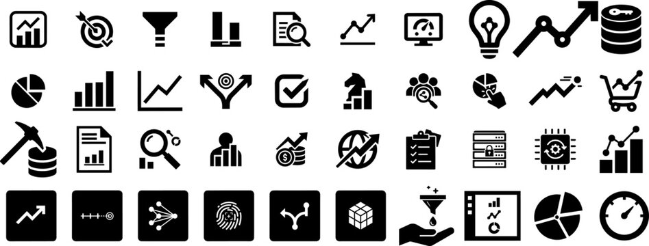 Diverse business analytics and finance icons including charts, graphs, targets, shopping carts, magnifying glasses