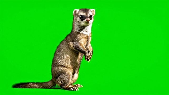Stoat standing on hind legs looking around against a green screen
