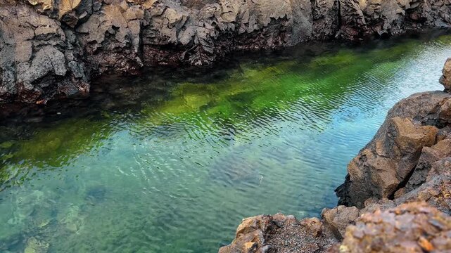 Looking down into a narrow green water channel, Isabela, Galapagos. High angle perspective of vibrant transparent sea water between dark textured basalt rock walls.