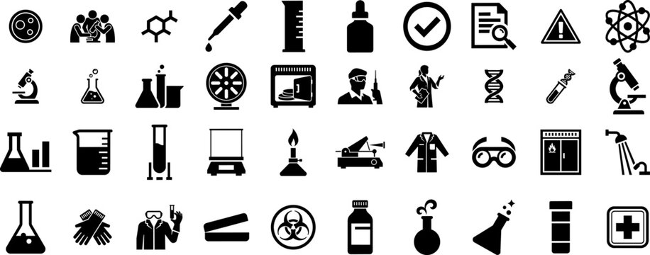 Laboratory equipment and research icons set for medical chemistry and biology science applications including microscopes beakers and dna structures