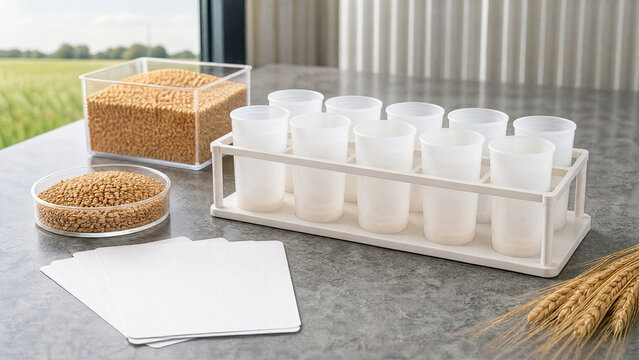 Grain moisture sample cup rack with blank testing cards