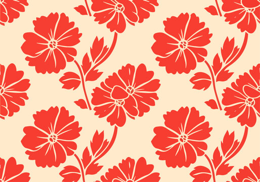Minimal red Botanical Palm Leaves Vector Pattern with Warm Beige Background