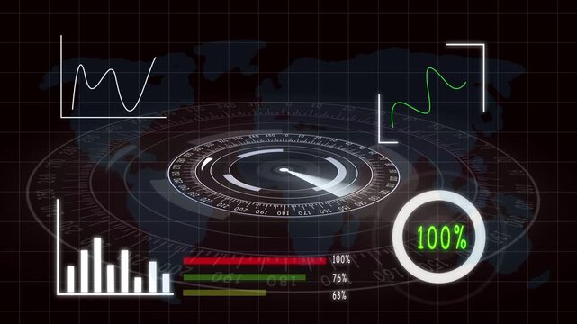 Digital dashboard with dark theme, world map, and business data visualizations. Futuristic dark dashboard showing world map and financial analytics.