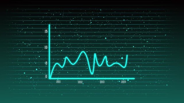 Neon cyan line graph with stars on black grid backdrop. Dark grid background with cyan glowing line chart and star effects.