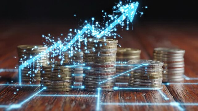 Digital coin stack technology finance investment growth network, saving money finance investment budget, modern digital currency finance investment