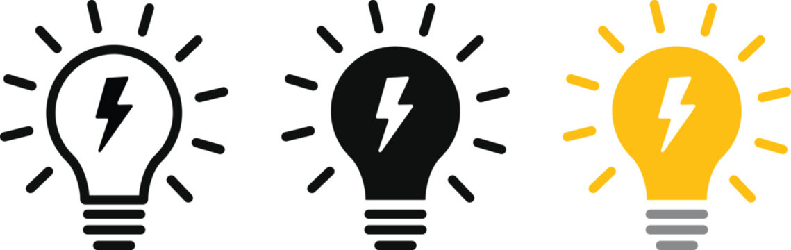 Lightning in light bulb icons. creative idea innovation energy inspiration concept. startup thinking power solution. Electrical spark and thunderbolt icons