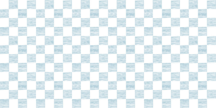 Pastel blue and white checkered seamless pattern with crayon or hand drawn pencil texture. Abstract childish chessboard background. Rough squares grid. Cute checkerboard print. Vector illustration