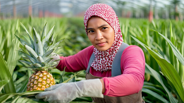 Young adult Asian woman working in a vibrant pineapple farm, harvesting a ripe pineapple while looking at the camera