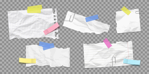 Vector trendy realistic crumpled paper, paper clip and adhesive tape for collage. Modern texture for design art. Design template for social media posts. © Alexandra Lipina