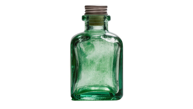 Green glass bottle with metal cap and cork stopper