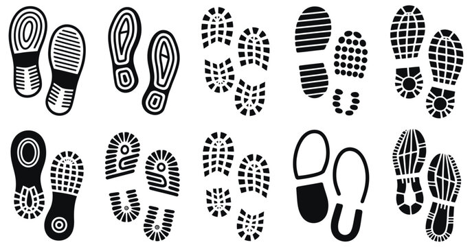 Shoe footprint, black silhouette tracks with boot sole impressions and walking print symbols for design projects.