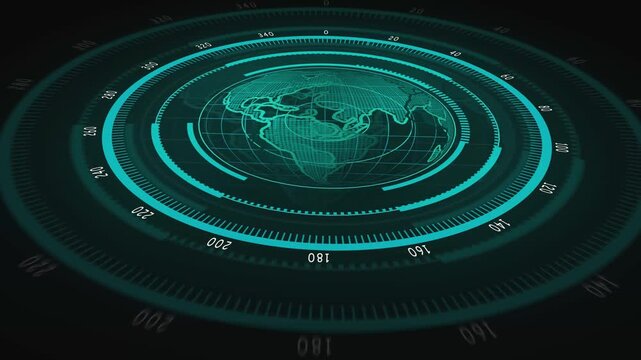 Digital teal radar with Earth globe, rotating circular scale, and glowing tech-style screen display. Teal Digital Radar Display with Globe and Circular Scale screen earth.