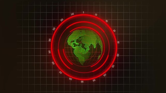 Red Radar Interface with Wireframe Earth Globe and Grid screen world. Futuristic red radar screen with rotating wireframe Earth and bright scanning beam on grid display.