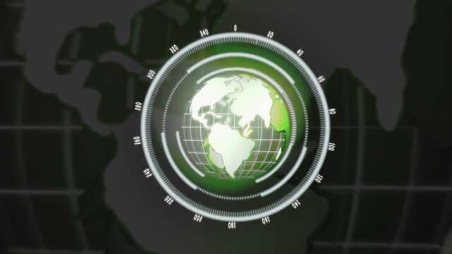 Glowing Green Earth Globe on Radar Screen with White Indicators world. Futuristic radar display showing green glowing Earth globe and white indicator markers across world map.