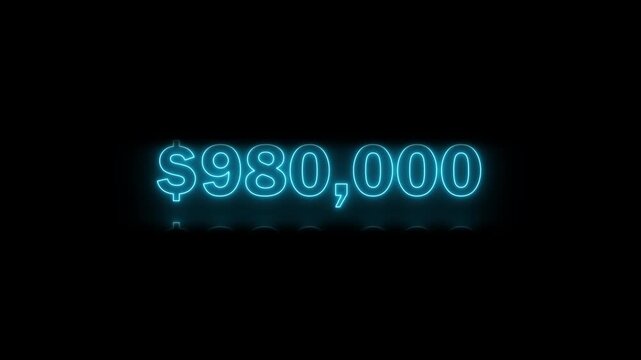 scrolling money dollar $0 to $1,000,000 neon glow style with a dollar symbol icon on a black background or transparent background, 4k video