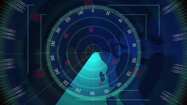 Digital radar close-up featuring Earth globe and multiple target markers on tech background. Close-up of Radar Screen Displaying Earth and Target Markers globe.