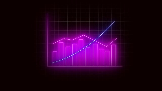 Purple Neon Bar and Line Graph with Upward Trend Line on a Dark Grid Background chart. Upward trending purple neon bar and line chart on dark grid for finance data visualization.