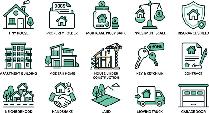 Vector linear icon collection featuring real estate property tiny house apartment building under construction investment scale contract keys and moving truck.