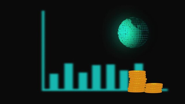 Teal Earth globe with stacked gold coins and blurred bar chart for investment, finance, or stock visuals.Blurred Bar Chart and Stack of Gold Coins with Teal Earth Globe on Dark Background.