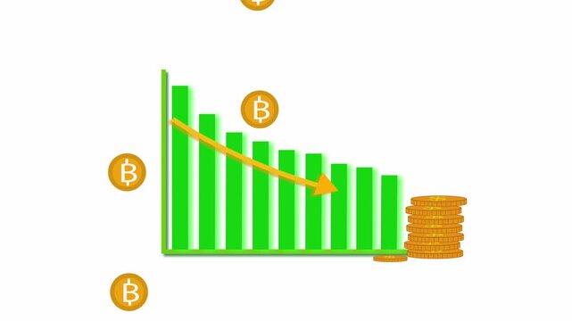 Declining Bar Chart With Bitcoin Symbols And Falling Orange Arrow On White Background.Cryptocurrency bar graph showing drop with Bitcoin icons and falling orange arrow over white screen.