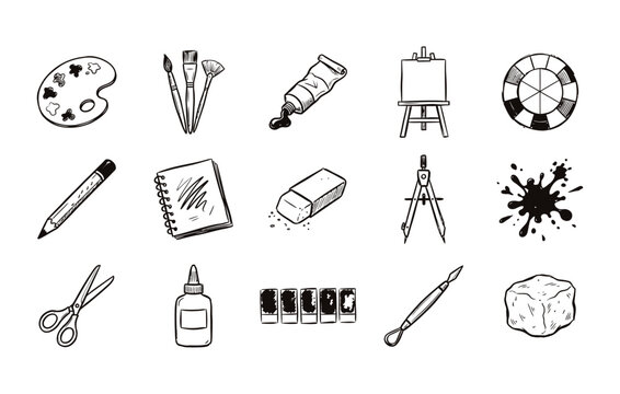 Hand drawn art supplies and stationery doodle icon set featuring palette brushes easel and canvas
