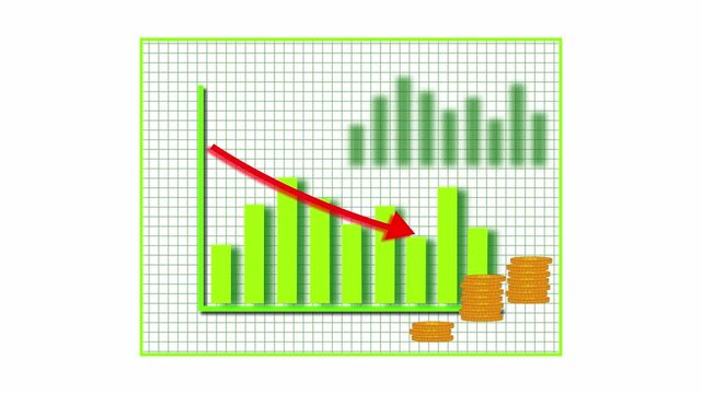Financial Bar Chart with Downward Trend Arrow and Stack of Coins on White Background. Declining financial graph with downward trend arrow and stacked coins on bright white screen.