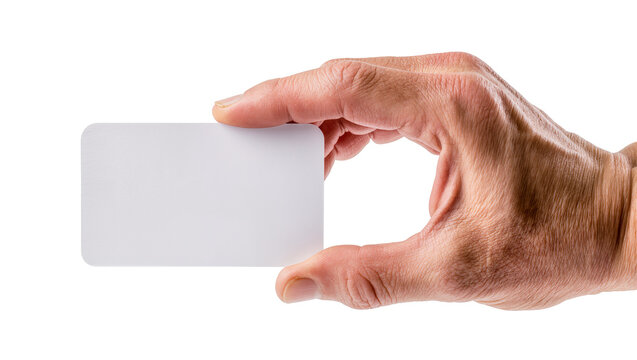 Hand holding blank white card with rounded corners