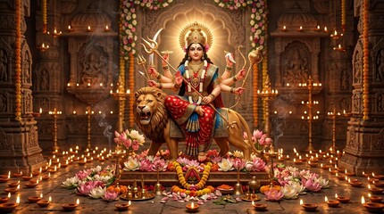 Obraz premium Hindu goddess Durga idol decorated with lamps and lotuses.