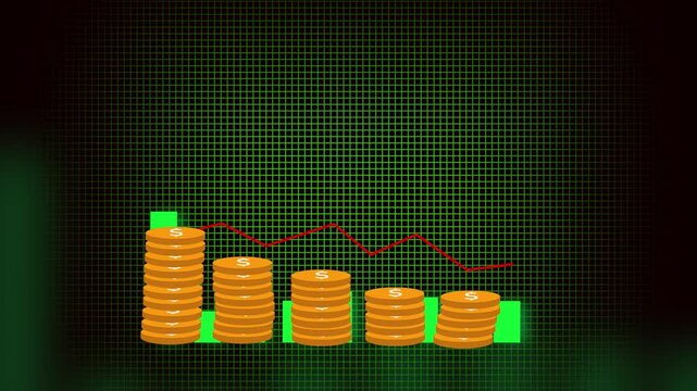 Market decline chart featuring red trend line, dropping bars, and piles of gold coins on display. Falling Stock Market Bar Graph with Stacks of Gold Coins and Red Downward Trend Line.