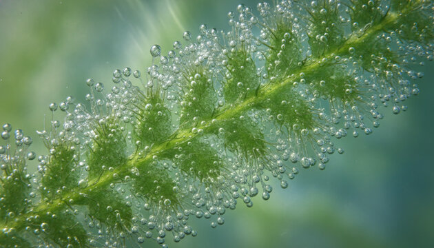 Underwater macro of Salvinia fern leaf trapping glowing silver air bubbles