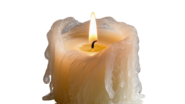 Burning candle with dripping wax and bright flame