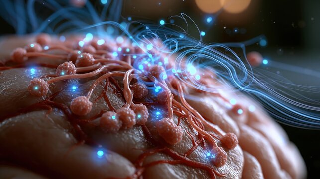 3D render of Group B Strep bacteria spreading across neonatal brain meninges surface, photorealistic brain tissue texture with inflamed blood vessels, bacterial colonies glowing 