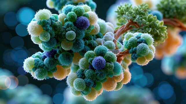 3D render of Streptococcus agalactiae Group B Strep bacteria cluster, photorealistic molecular surface visualization, detailed polysaccharide capsule texture, chain-forming cocci arrangement