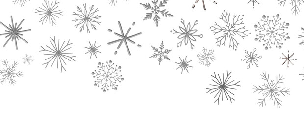 Fototapeta premium Beautiful decorative silver snowflakes drifting down on a clean white surface.