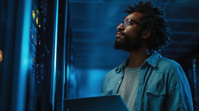 IT specialist monitoring server performance in a modern data center, ensuring cybersecurity, cloud infrastructure reliability, network operations, and data security.