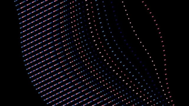Abstract seamless 3D animation of curved pink and blue dotted lines flowing on a dark background. This smooth digital data wave loop is perfect for modern tech and cyber projects. 4K