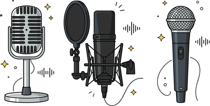 Set of professional microphones including vintage retro mic studio condenser microphone with pop filter and handheld dynamic vocal mic isolated vector illustration