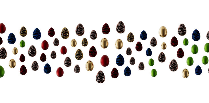 Easter themed collection of decorative chocolate eggs in gold, green, red and blue with white background. Perfect for h