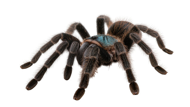 Hairy tarantula spider with blue cephalothorax on white