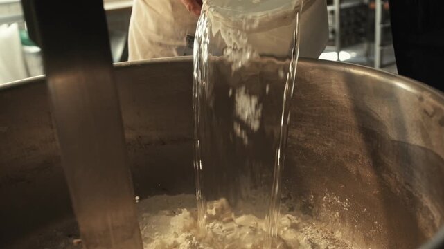 Detail view of baker pouring cool water from white bucket into large stainless steel bowl. Baker pours iced water to flour in bowl of spiral dough mixer. Flour rests at bottom of industrial spiral dou