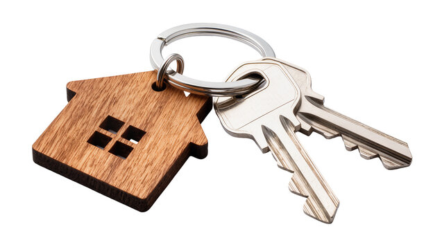 Wooden house keychain with two metal keys on a ring